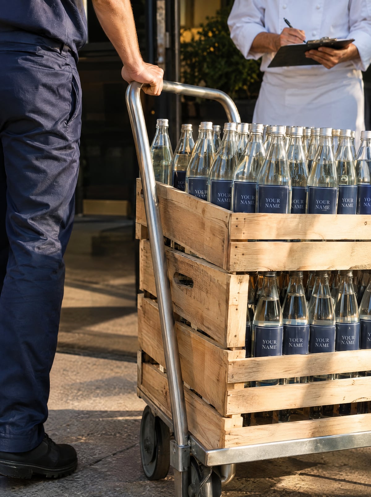 Crates of labelled glass bottles wheeled into a restaurant as the chef signs for them