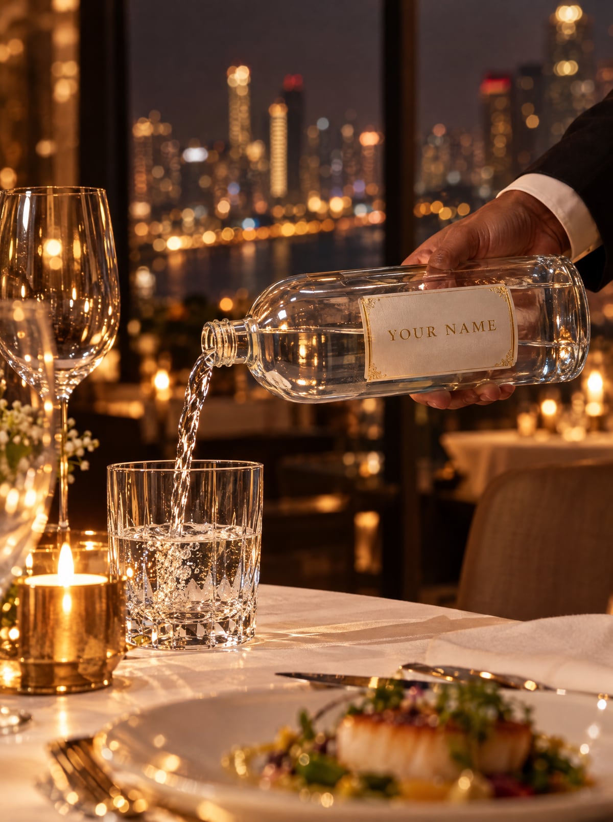 A waiter pouring water from a glass bottle labelled YOUR NAME at a candle-lit table