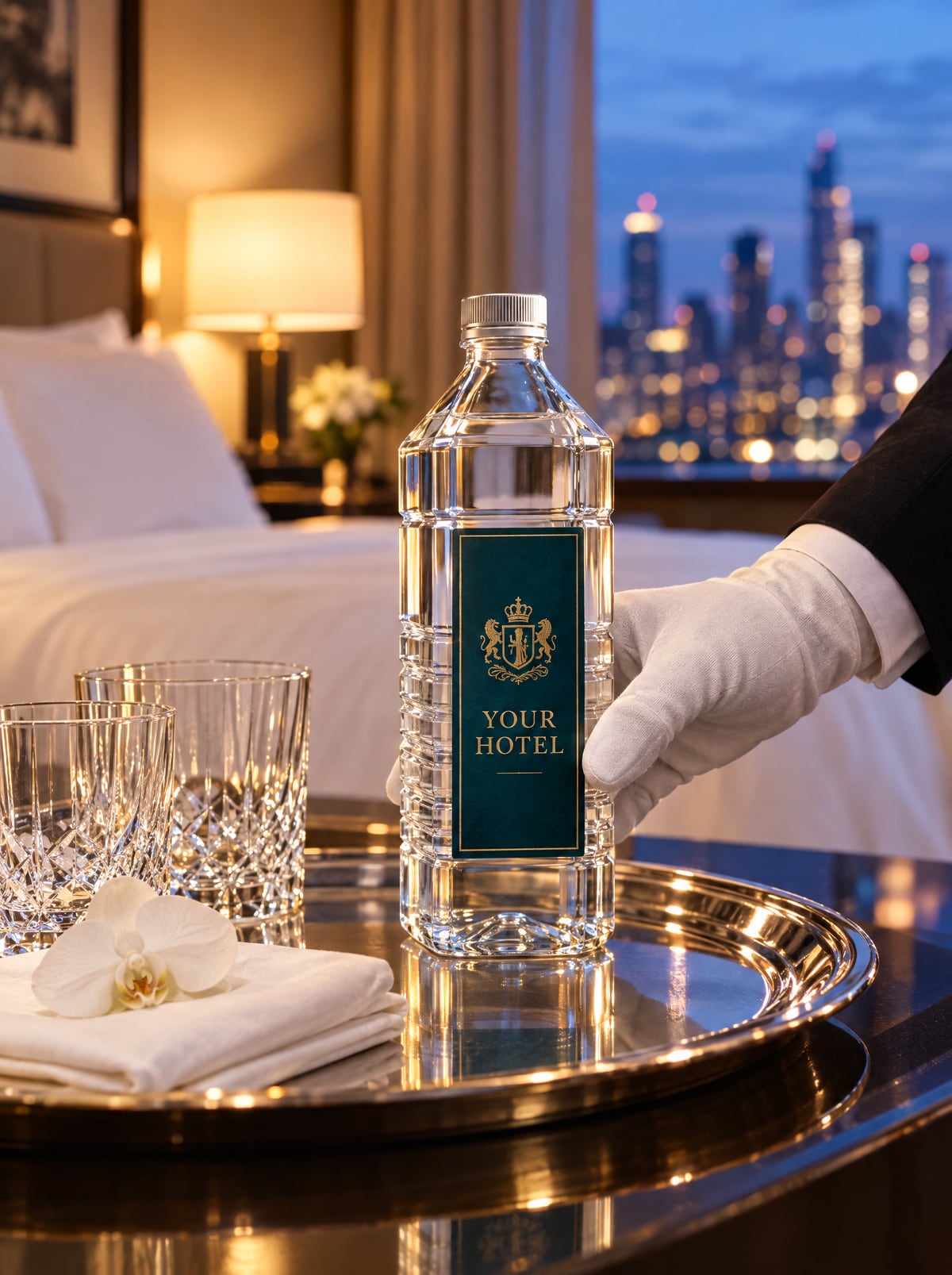 A white-gloved hand placing a glass bottle labelled YOUR HOTEL on a silver turndown tray