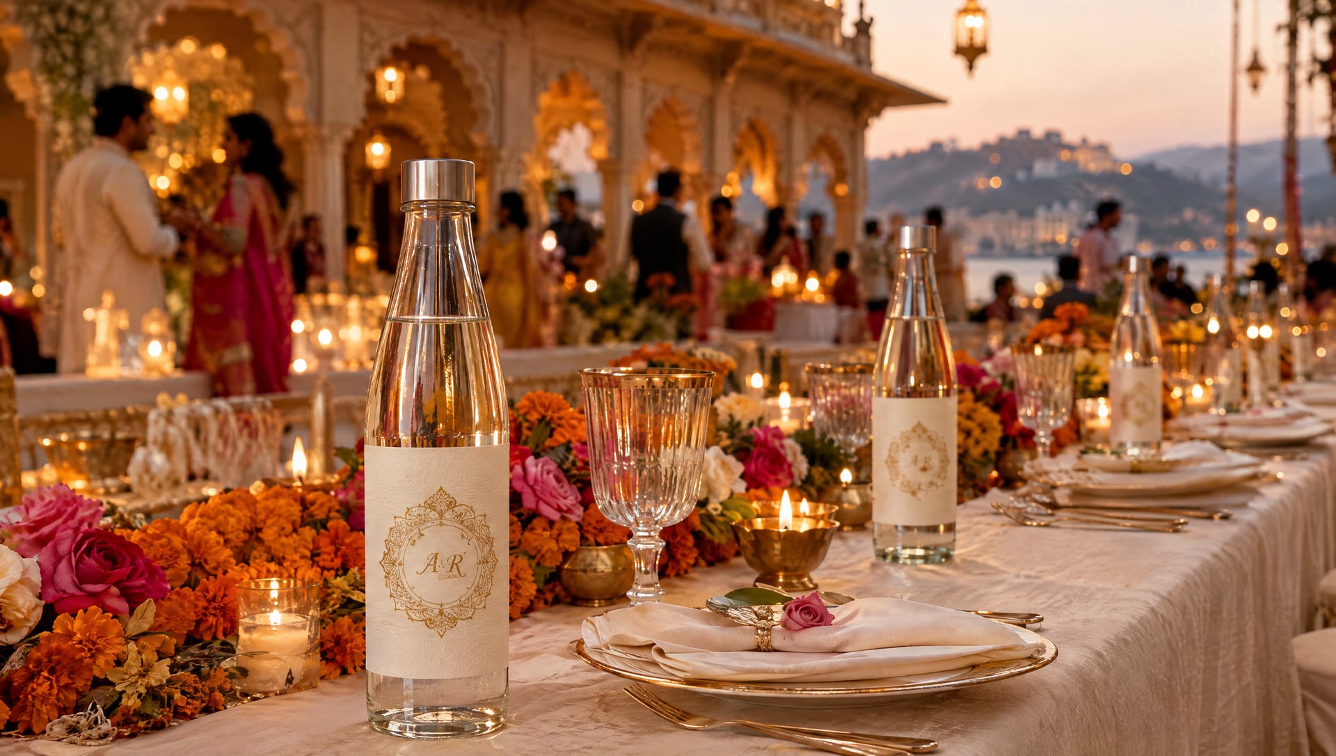 Glass bottles with a gold A & R monogram label at every place setting of a wedding banquet