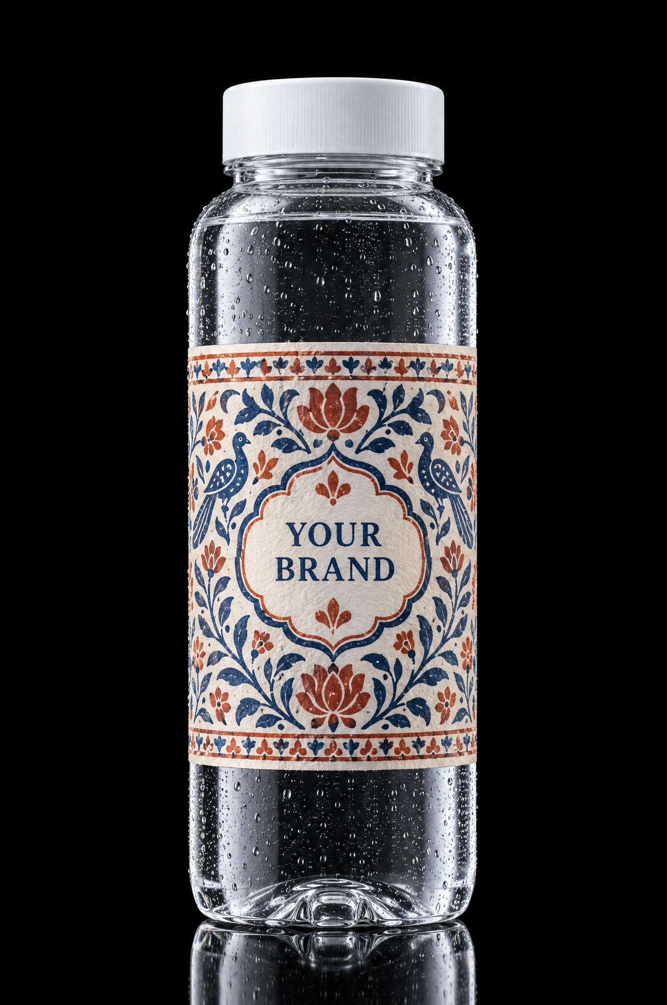 The Peace bottle, 1 litre of clear glass, with a indian block print sample label
