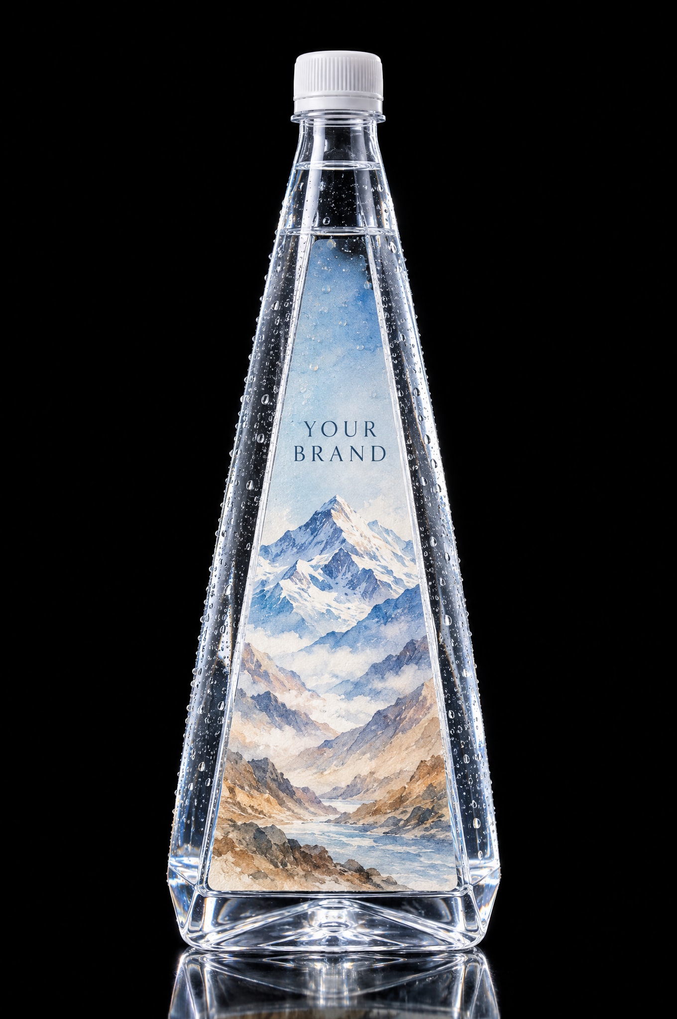 The Pyramid bottle, 1 litre of clear glass, with a himalayan watercolour sample label