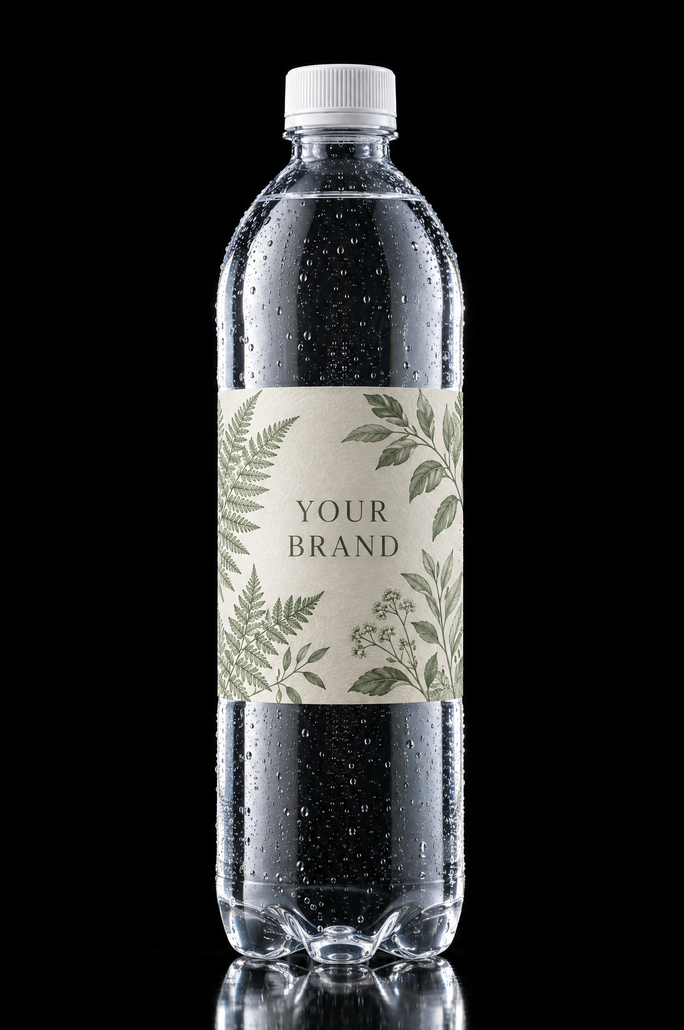 The Round bottle, 1 litre of clear glass, with a botanical line art sample label