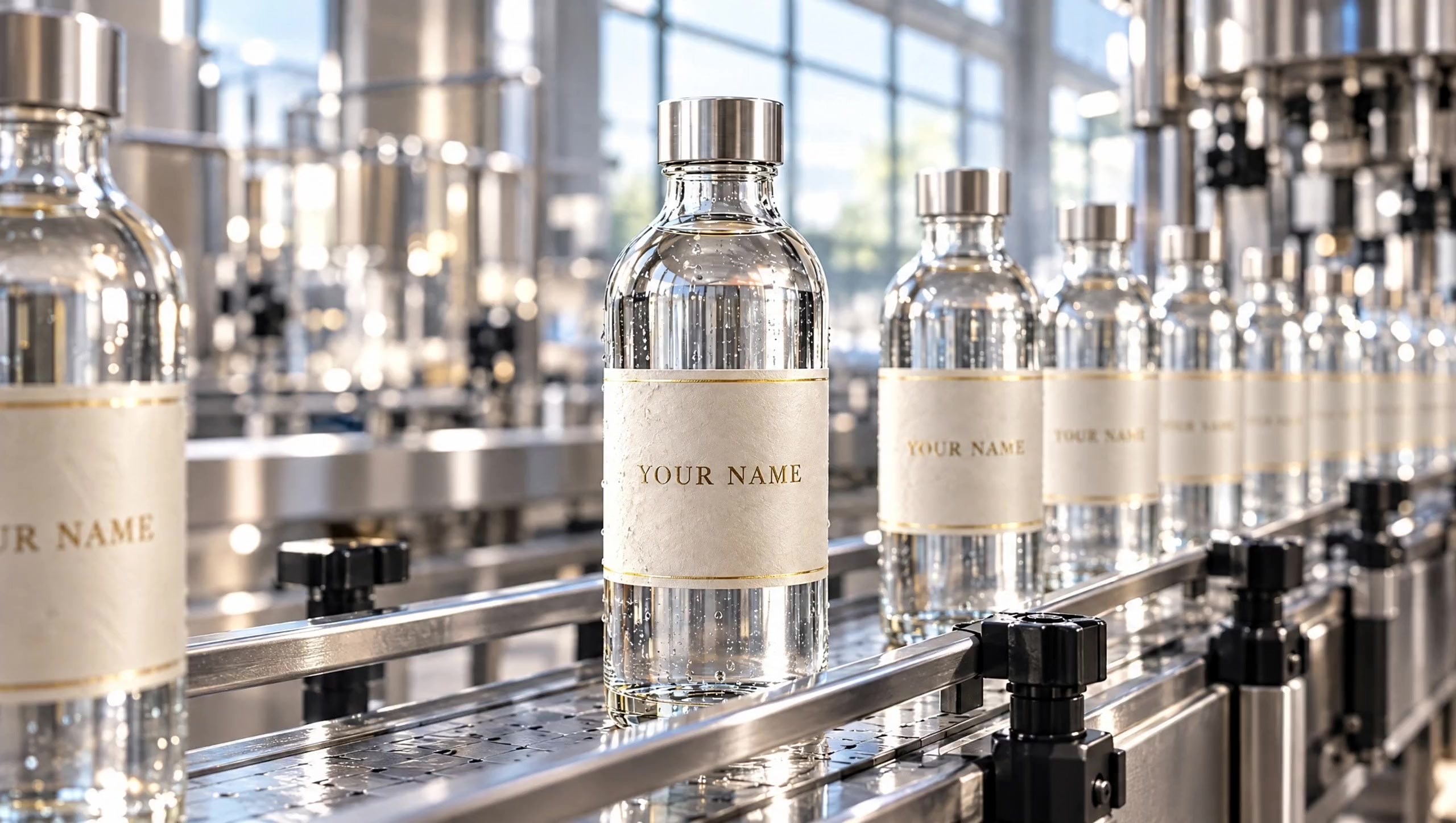 Glass bottles with ivory YOUR NAME labels moving along a stainless-steel bottling line