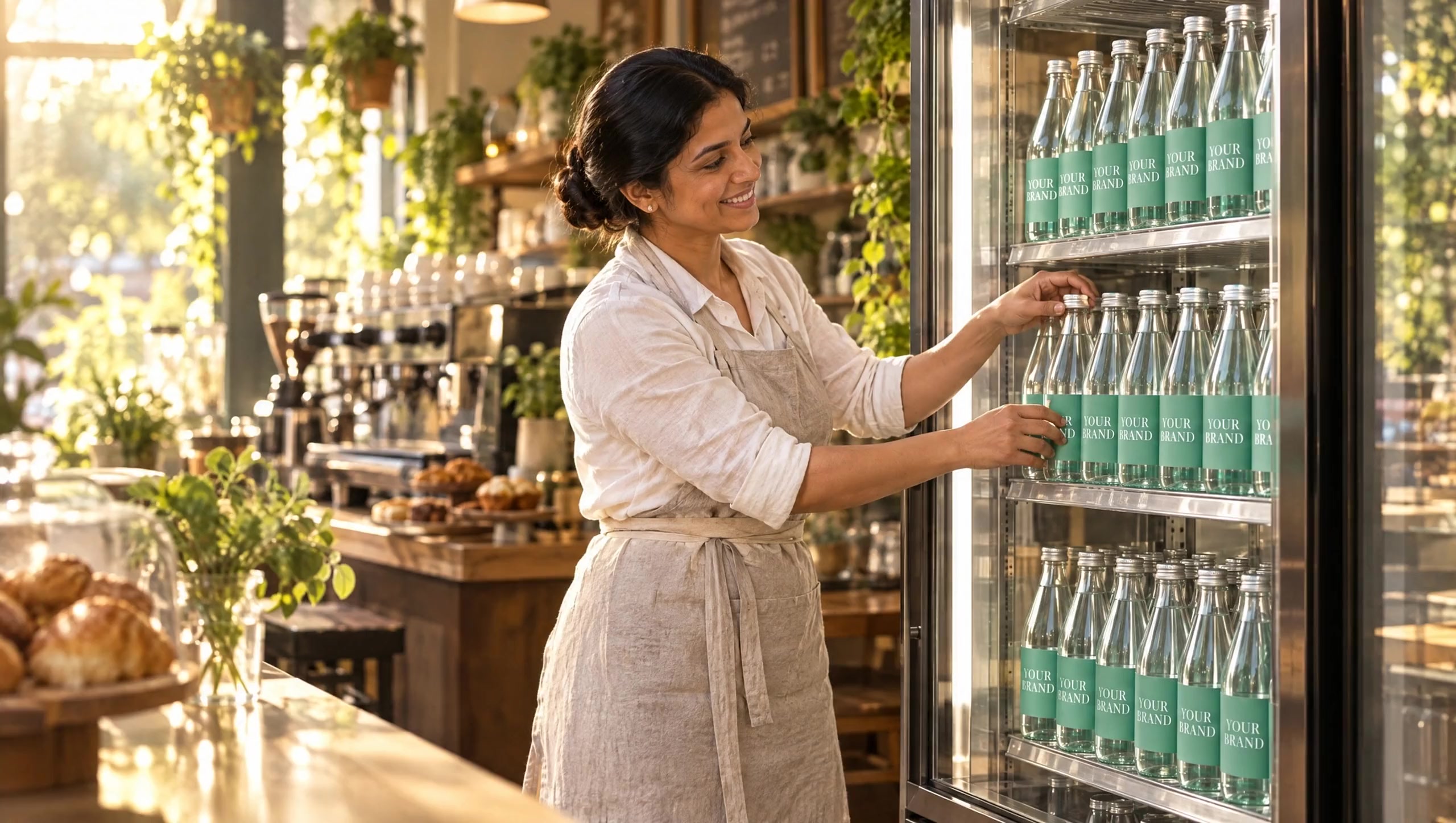 A barista stocking a glass-front chiller with labelled glass water bottles