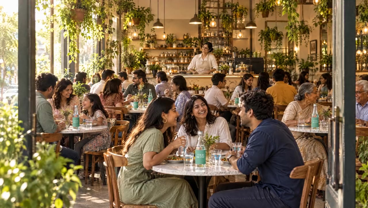 A sunlit café at lunch, full of guests, with glass water bottles on every table
